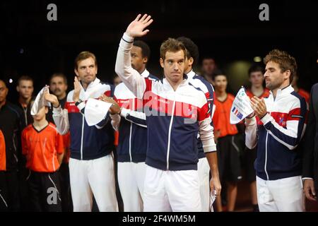 Französische Mannschaft mit Arnaud Clement, Richards Gasquet, Jo-Wilfried Tsonga, Gael Monfils und Julien Benneteau während der Tennis Davis Cup 2014 Weltgruppe 1st Runde, Frankreich gegen Australien, Tag 1, am 1. februar 2014 in Vendesface, la Roche sur Yon, Frankreich. Foto Jean-Marc Mouchet / DPPI Stockfoto