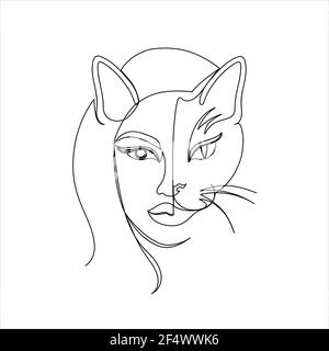 Moderne einzeilige Kunst einer Katze und einer Frau. Stock Vektor