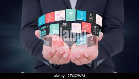 Zusammensetzung des Kreisnetzwerks von digitalen Symbolen über die Hand Geschäftsmann Stockfoto