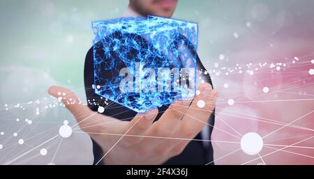 Zusammensetzung des Würfels aus Netzwerk von digitalen Symbolen über der Hand Des Geschäftsmannes Stockfoto