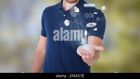 Aufbau eines Netzwerks von digitalen Symbolen und Statistiken über die Hand Des Geschäftsmannes Stockfoto