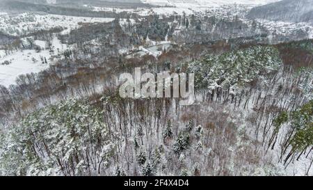 Luftaufnahme eines winterverschneiten Pinienwaldes, Seen. Winterliche Waldstruktur. Luftdrohne Ansicht einer Winterlandschaft. Stockfoto