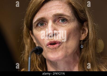 Washington DC, USA. März 2021, 23rd. Der ehemalige US-Botschafter bei den Vereinten Nationen, Samantha Power, bezeugt vor dem Senate Foreign Relations Committee, dass er der nächste Administrator der United States Agency for International Development (USAID) im Dirksen Senate Office Building in Washington DC, USA, 23. März 2021 sein wird.Quelle: Jim LoScalzo/Pool via CNP dpa/Alamy Live News Stockfoto