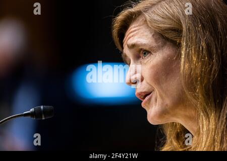 Washington DC, USA. März 2021, 23rd. Der ehemalige US-Botschafter bei den Vereinten Nationen, Samantha Power, bezeugt vor dem Senate Foreign Relations Committee, dass er der nächste Administrator der United States Agency for International Development (USAID) im Dirksen Senate Office Building in Washington DC, USA, 23. März 2021 sein wird.Quelle: Jim LoScalzo/Pool via CNP dpa/Alamy Live News Stockfoto