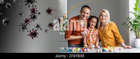 Starke Immunität - gesunde Familie. Glückliche Eltern mit Kindern vor Viren und Bakterien geschützt, Illustration Stockfoto