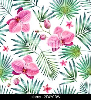 Aquarell tropisch nahtlose Muster. Rosa Orchideenblüten und Palmblätter isoliert auf weiß. Botanical Hand gezeichnet floralen Hintergrund für Oberfläche Stockfoto