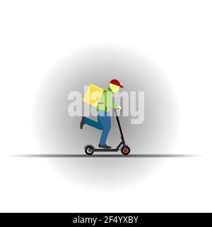 Elektroroller Lieferung Kurier. Konzept für den Lieferservice von Lebensmitteln. Vektorgrafik flach. Stock Vektor