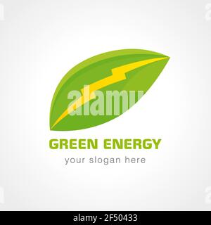 Firmenlogo für grüne Energie. Elektro-, Umwelt-, Mehanic Industrial Branding Konzept. Blitz, Zahnräder, Baumblätter. Isolierte Buntglas e Stock Vektor