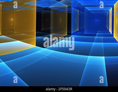 In blau ist ein technologisch strukturierter Hintergrund ein 3D Fraktal Rendering. Stockfoto