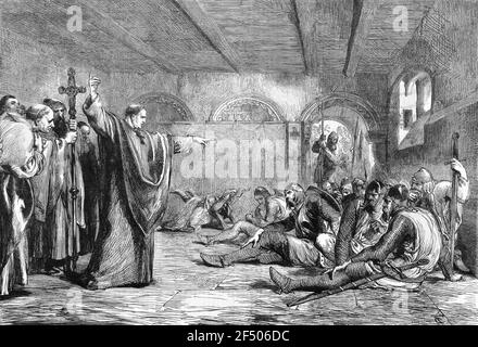 Thomas Becket. Ein Druck von 1862 mit dem Titel "die Verschwörer in den Privatwohnungen von Thomas à Becket kurz vor seinem Mord". Der heilige Thomas Becket (1119/1120-1170) war Erzbischof von Canterbury, als er 1170 von Anhängern König Heinrichs II. Von England ermordet wurde Stockfoto