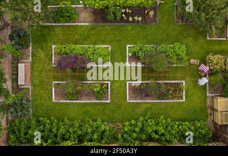 Luftaufnahme paar Gartenarbeit in üppigen Garten mit erhöhten Betten Stockfoto