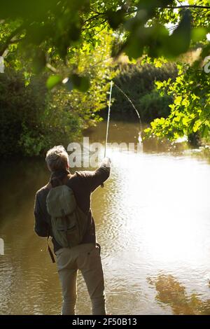 Mann mit Rucksack Casting Fliegenfischen Stock am Fluss Stockfoto