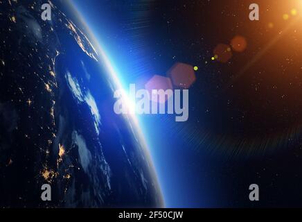 Planet Erde mit einem spektakulären Sonnenaufgang.Planet Erde und Sonne aufgehen, Blick aus dem Weltraum. Elemente dieses Bildes, die von der NASA eingerichtet wurden. Stockfoto