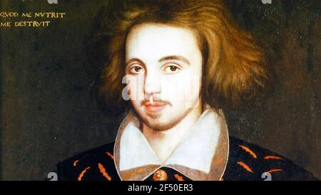 Christopher MARLOWE (1564-1593) englischer Dramatiker. Das anonyme Porträt im Corpus Christi College, Cambridge, zugeschrieben Marlowe. Stockfoto