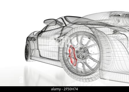 Fahrzeug 3D Blaupause Mesh-Modell mit einem roten Bremssattel auf weißem Hintergrund. 3D gerendertes Bild Stockfoto