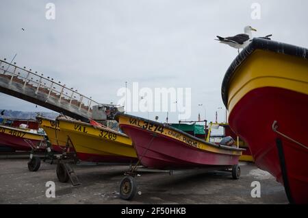 Valparaiso, Chile - Februar 2020: Fischerboote stehen auf Kutschen im Hafen. Möwe sitzt auf dem Bug des Schiffes. Motorboote auf dem Parkplatz Stockfoto