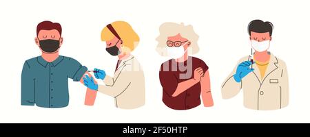 Covid-19. Impfkonzept für Immunität Gesundheit. Arzt macht eine Injektion von Grippe-Impfstoff an Mann und Frau. Gesundheitswesen, Coronavirus. Vektor-EPS flach Stock Vektor