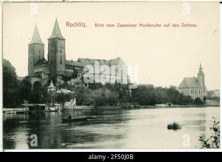 Blick über die Talmulde auf das Schloss Rochlitz. Blick über den Trog auf die Burg Stockfoto