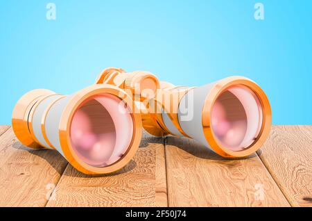 Opernbrille, Fernglas auf Holzbrettern, 3D Rendering Stockfoto