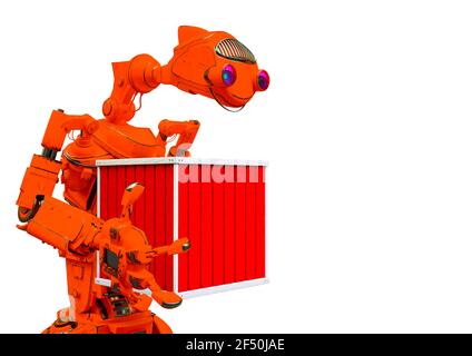 Friendly Roboter baut eine Kiste in weißem Hintergrund, 3d-Illustration Stockfoto