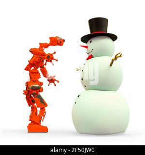 Friendly Roboter baut einen Schneemann in weißem Hintergrund, 3d-Illustration Stockfoto