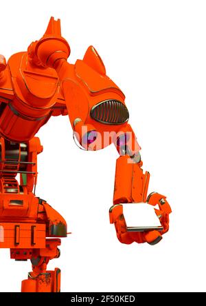 Friendly Roboter hält ein Handy in weißem Hintergrund, 3d-Abbildung Stockfoto