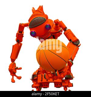 Friendly Roboter hält einen Basketball-Ball in weißem Hintergrund, 3d-Illustration Stockfoto