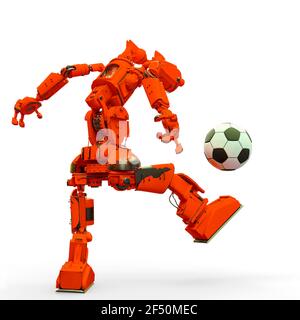 Friendly Roboter spielt Fußball in weißen Hintergrund Rückansicht, 3d-Illustration Stockfoto