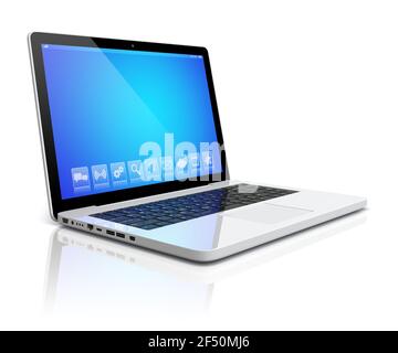 Laptop mit blauem Hintergrund auf dem Bildschirm. Isoliert auf einem weißen. 3D Bild Stockfoto