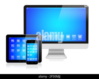 Desktop-Computer-Monitor, Tablet-pc und Smartphone mit einem blauen Bildschirm und Apps. Isoliert auf einem weißen. 3D Bild Stockfoto