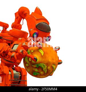 Friendly Roboter ist der Planet auf seinen Händen in weißen Hintergrund Seitenansicht, 3d-Illustration suchen Stockfoto