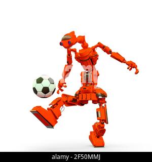 Friendly Roboter spielt Fußball in weißem Hintergrund, 3d-Illustration Stockfoto