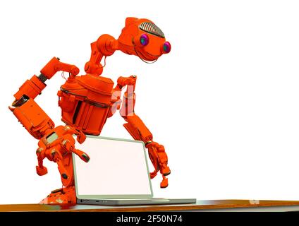 Freundlicher Roboter mit einem Laptop in weißer Hintergrundansicht, 3d-Illustration Stockfoto