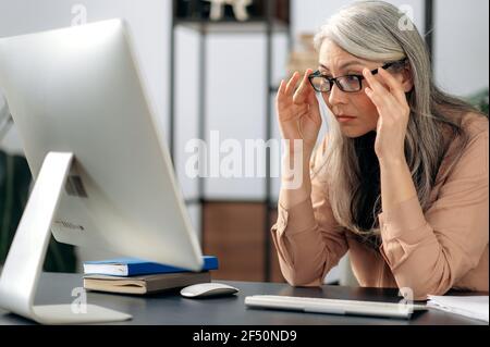 Erfolgreiche, intelligente, einflussreiche, reife, grauhaarige Frau mit Brille, Geschäftsführerin, Managerin, Freiberuflerin, die im modernen Büro in stilvoller Kleidung arbeitet und sich auf den Computerbildschirm konzentriert Stockfoto