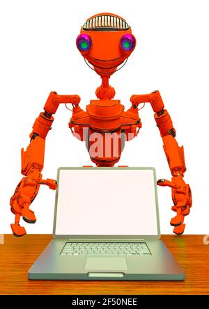 Freundlicher Roboter mit einem Laptop in weißem Hintergrund Nahaufnahme, 3d-Illustration Stockfoto