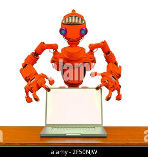 Freundlicher Roboter mit einem Laptop in weißem Hintergrund, 3d-Illustration Stockfoto