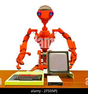 Freundlicher Roboter mit einem alten Desktop-Computer in weißem Hintergrund Nahaufnahme, 3d-Illustration Stockfoto
