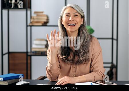 Fröhliche schöne selbstbewusste grauhaarige asiatische Frau, Freiberufler, Geschäftsdame, Manager, chatten auf einem Videoanruf, führt Online-Briefing mit Kollegen oder Freunden, gestikulieren mit ihrer Hand, lächelnd Stockfoto