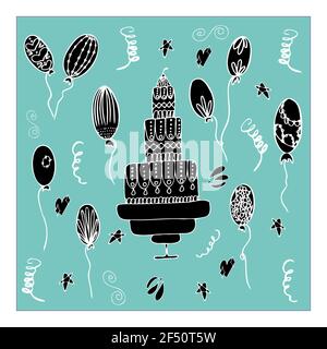 vector Set Geburtstag mit Kuchen und Ballons mit Lametta Stockfoto