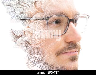 Ein Porträt eines Mannes in einer Brille kombiniert mit Tinte Zeichnung Stockfoto