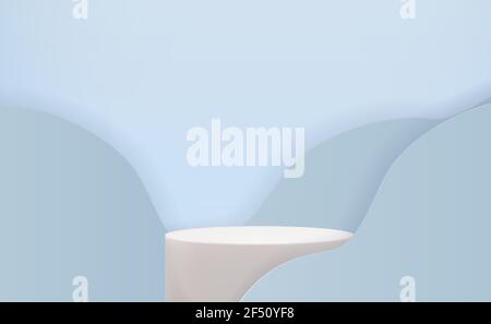 Realistischer 3d-Sockel über blauem trendigen Wellenhintergrund. Leere Podium-Anzeige für Anzeigen kosmetische Produktpräsentation. Vektorgrafik Stock Vektor