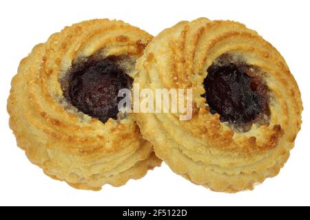 Deutsche Ochsenauge-Cookies auf weißem Hintergrund isoliert Stockfoto