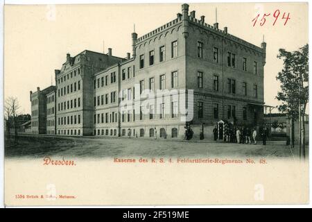 Artilleriekaserne Dresden. Baracke des Royal Saxon 4th Field Artillery Regiment Nr. 48 Stockfoto