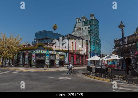 Bunte Häuser im Viertel Bellavista, Santiago, Chile Stockfoto