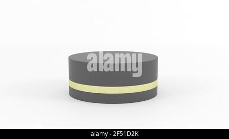 Schwarzes Zylinderdisplay mit Goldband. 3D Rendern auf weißem Hintergrund Stockfoto