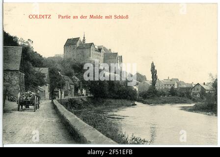 Blick über die Mulde auf die Burg Colditz. Blick über den Trog auf die Burg Stockfoto