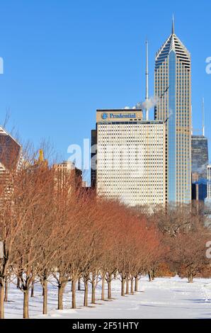 Chicago, Illinois, USA. Ein Teil der Skyline der Stadt ragt über einen schneebedeckten Grant Park, ein Kompliment eines kürzlichen Wintersturms. Stockfoto