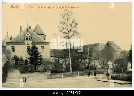 Schlossplatz und Schloss Freudenstein Freiberg. Schlossplatz und Schloss Freudenstein Stockfoto