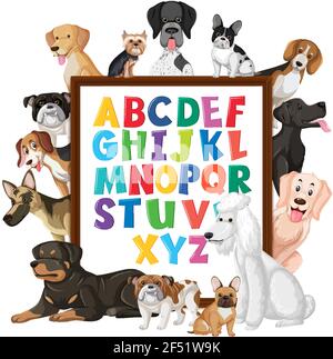 A-Z Alphabet-Tafel mit vielen verschiedenen Arten von Hunden Illustration Stock Vektor