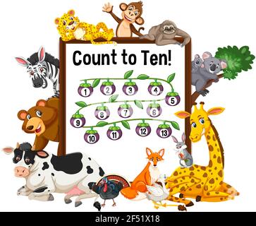 Zählen Sie bis zu zehn Brett mit wilden Tieren Illustration Stock Vektor